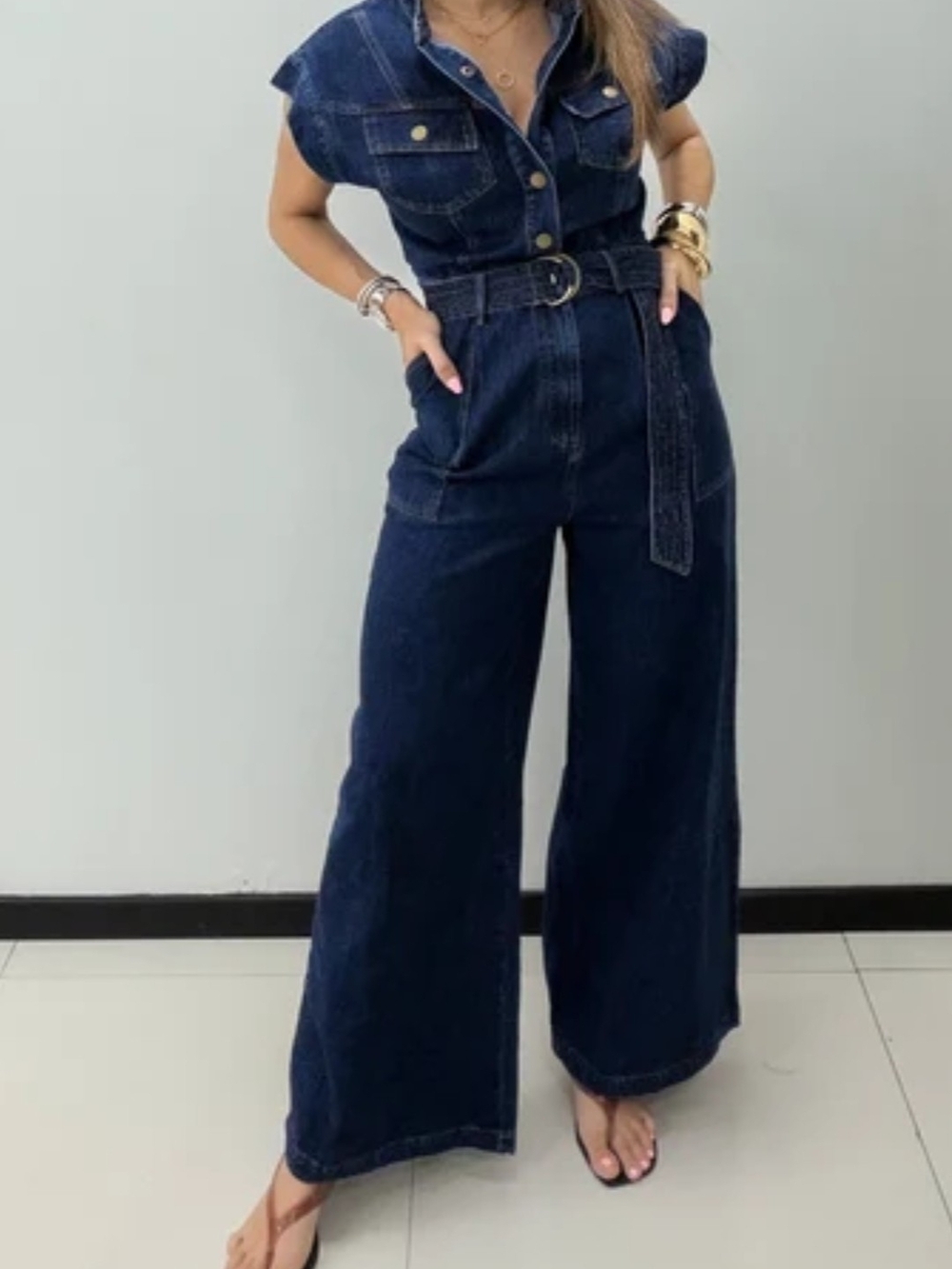 Flying Tomato Dark Blue Denim Belted Jumpsuit